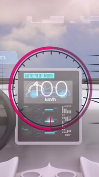 Animation of speedometer and battery lever over car interior and clouds