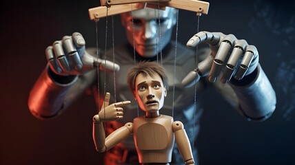 Large humanoid robot manipulating distressed wooden puppet with strings concept of AI control automation and human subjugation in dramatic lighting