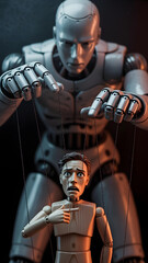 Large humanoid robot manipulating distressed wooden puppet with strings concept of AI control automation and human subjugation in dramatic lighting