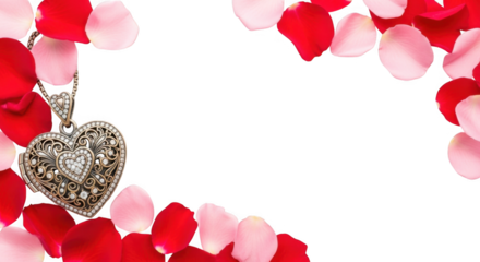 Ornate heart-shaped locket necklace adorned with sparkling diamonds surrounded by a romantic frame of red and pink rose petals