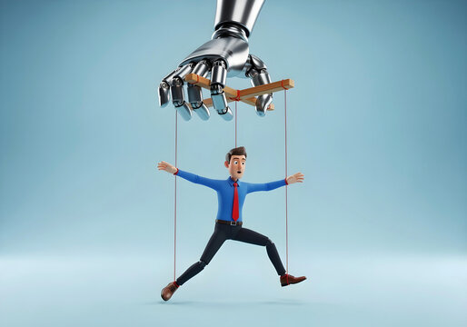 3d Cartoon businessman in blue shirt with red tie controlled by robotic puppet hand against light blue background concept for AI control and manipulation