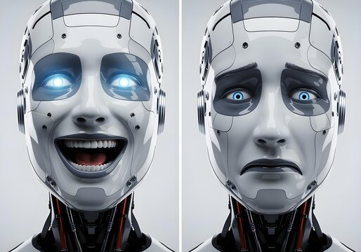 Close up of humanoid robot head meme with two contrasting expressions happy and sad concept of AI emotional simulation and machine psychology