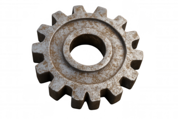 Close-up of a rusty metal gear rotating, isolated on a transparent background, ideal for industrial or mechanical concepts