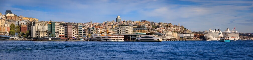 Fototapeta premium A modern Galata Port neighborhood overlooking the Bosphorus in Istanbul, Turkey