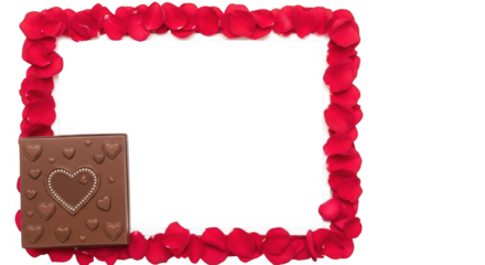 Romantic Red Rose Petal Photo Frame Decorated with a Chocolate Heart Candy Bar