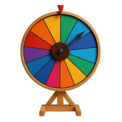 Obraz premium Vibrant Prize Wheel with Colorful Segments and Wooden Stand, Symbolizing Chance and Excitement