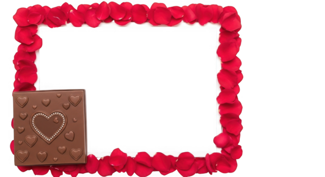 Romantic Red Rose Petal Photo Frame Decorated with a Chocolate Heart Candy Bar