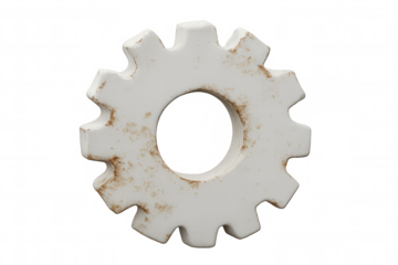 Close-up of a white rusty gear rotating on a transparent background, perfect for industrial or mechanical concepts