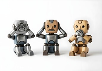 Naklejka premium Three wooden robots mimicking see no evil hear no evil speak no evil concept of AI ethics and moral boundaries