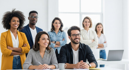 A diverse group of smiling business professionals listening attentively during a corporate meeting or training seminar in a modern, bright office