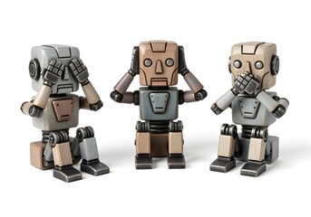 Three wooden robots mimicking see no evil hear no evil speak no evil concept of AI ethics and moral boundaries