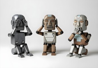 Three wooden robots mimicking see no evil hear no evil speak no evil concept of AI ethics and moral boundaries