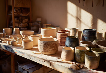 Clay pots are arranged on a worktable inside a sunlit pottery studio