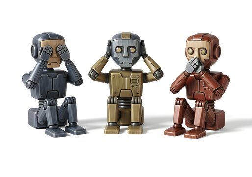 Three wooden robots mimicking see no evil hear no evil speak no evil concept of AI ethics and moral boundaries