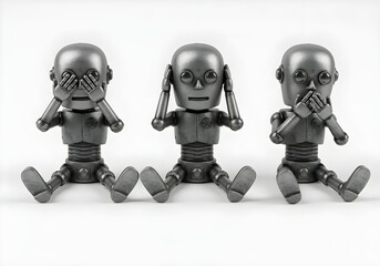 Three metallic robots seated in see no evil hear no evil speak no evil gesture concept of AI moral codes and digital ethics