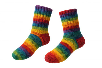 Multicolored striped wool socks knitting, soft textured winter accessory offering vibrant warmth against neutral backdrop