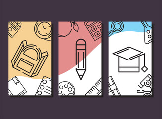 Back To School Flat Cartoon Set of Three Vertical Post Vector Illustration