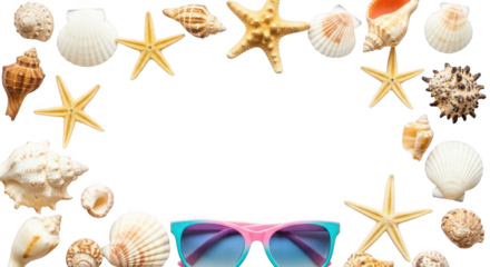A Decorative Border of Colorful Seashells and Starfish Surrounding a Pair of Blue and Pink Sunglasses on a Black Background
