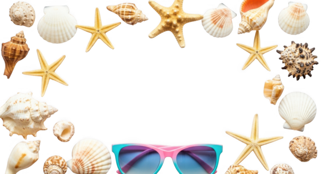 A Decorative Border of Colorful Seashells and Starfish Surrounding a Pair of Blue and Pink Sunglasses on a Black Background