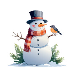 watercolour snowman witha hat on with a robin on his hand standing