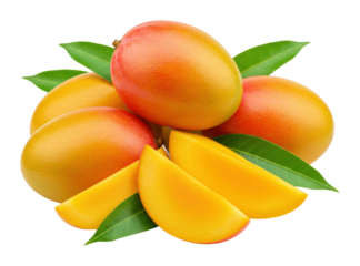 Fresh mangoes gathered in a tropical setting vibrant fruit display colorful and lush environment. Cut out png