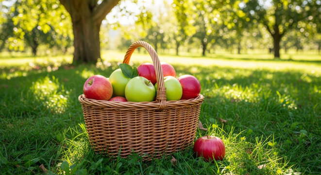 A wicker basket filled with fresh red and green apples sitting on the green grass in a beautiful sunlit apple orchard during harvest season
- Powered by Adobe