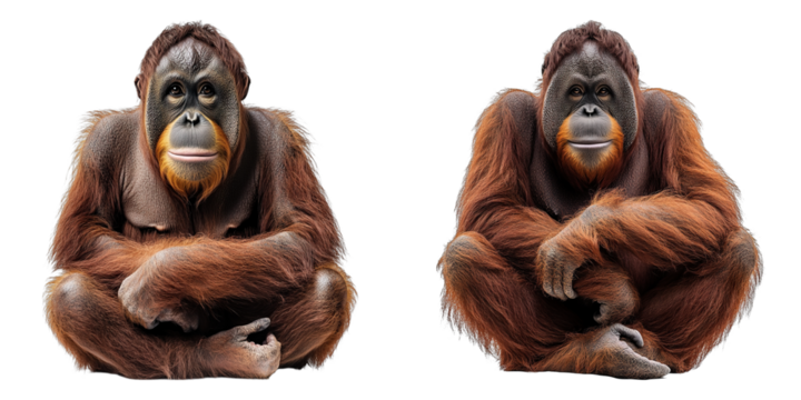Two orangutans sitting on their knees