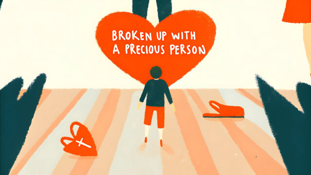 Child heartbroken, held by unseen parents, over a broken heart.
