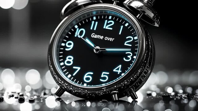Close-up of black and white clock face with bold &ldquo;Game Over&rdquo; text, symbolizing time running out, urgency, or ending.