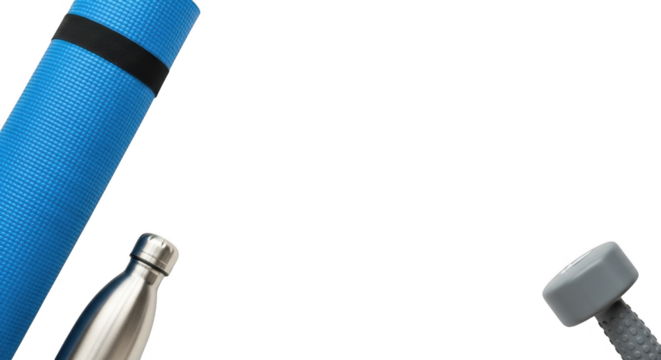 Essential Fitness Equipment for Your Home Workout Routine Including a Yoga Mat Water Bottle and Dumbbell