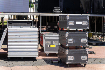 Concert equipment boxes placed near the stage