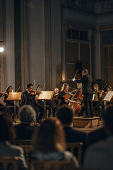 Obraz premium Orchestra performs, conductor leads, audience listens attentively. 