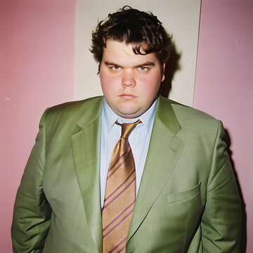 A man in a green suit, serious expression.
