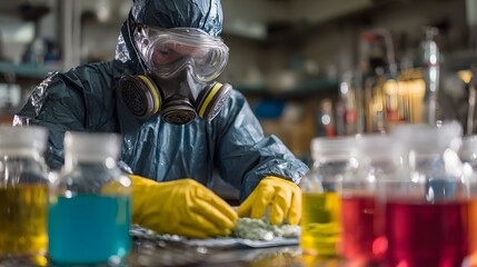 Scientist in protective gear examining samples, vials of colorful liquid chemicals in foreground, conducting research in laboratory.