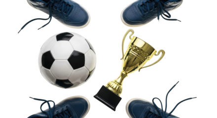Victory in the Beautiful Game A Golden Trophy and Soccer Ball Surrounded by Player Shoes Symbolizing Teamwork and Sportsmanship