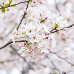 Fototapeta premium Selective focus of white pink Cherry blossoms blooming on the tree, Sakura flowers in early spring season, The flower of trees in Prunus subgenus Cerasus, Nature background, Abstract floral wallpaper.