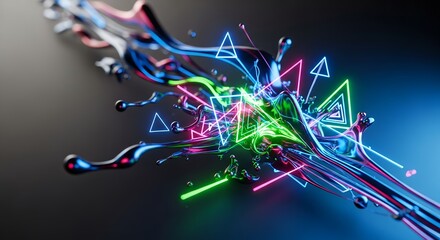 Dynamic splash of liquid chrome, decorated with glowing neon triangles and lines. Concept for digital art, modern technology and futuristic designs.