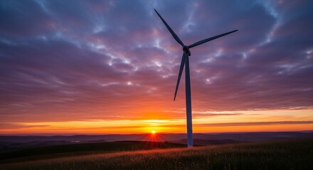 Obraz premium Wind turbine at sunset under colorful sky with sun, grass field in foreground. Concept for renewable energy, environmental protection and sustainable development.