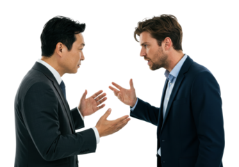 Conflict resolution strategies between business partners in office environment focused on emotional dynamics. Cut out png