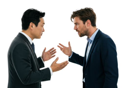 Conflict resolution strategies between business partners in office environment focused on emotional dynamics. Cut out png - Powered by Adobe
