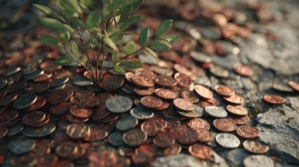 Close-up of a small plant growing out of a pile of coins, symbolizing investment growth and financial success