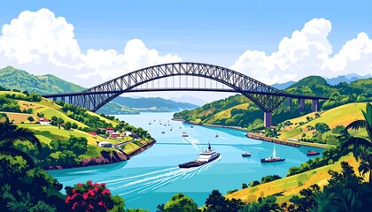 Fototapeta premium Scenic view of a bridge over a canal with boats and lush landscape.