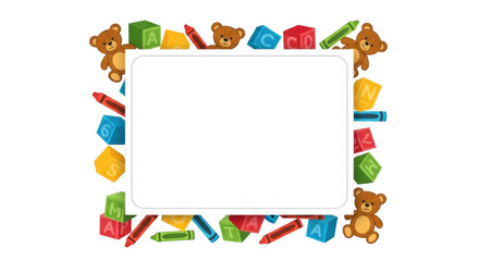 Fototapeta premium Cute Teddy Bears and Colorful Blocks Frame with Crayons for Kids Designs and Celebrations