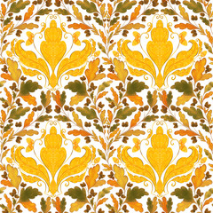Oak leaves and acorns autumn seamless pattern on transparent isolated background