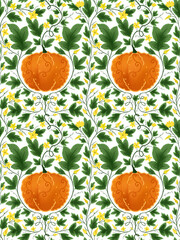 Orange pumpkin with green vines and yellow flowers seamless pattern on a transparent background