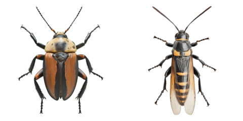Two bugs, one brown and one black and white, are shown side by side