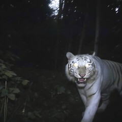 Obraz premium White tiger prowls through dark forest. 