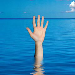 Drowning hand reaching for help in the ocean.
