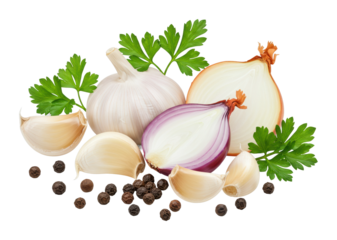 Cooking essentials garlic onions and spices for flavorful dishes kitchen food bright culinary art. Cut out png
