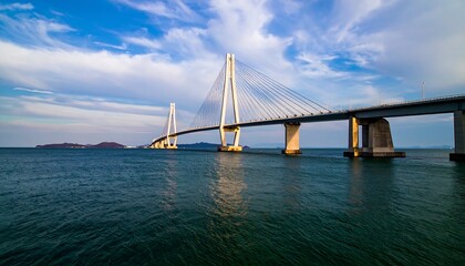 Obraz premium Wide-span cable-stayed bridge over calm water.